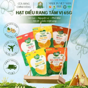 Hạt Điều Rang Tẩm Vị Bà Tư Bình Phước 65g – 5 Hương Vị Đỉnh Cao: Phô Mai | Tỏi Ớt | Nguyên Vị | Vỏ Lụa | Gấc Mật Ong