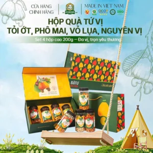 Hộp Quà Hạt Điều Bà Tư Bình PhướcTứ Vị – Tỏi Ớt, Phô Mai, Vỏ Lụa, Nguyên Vị - Tinh túy hương vị Việt – Quà tặng ý nghĩa